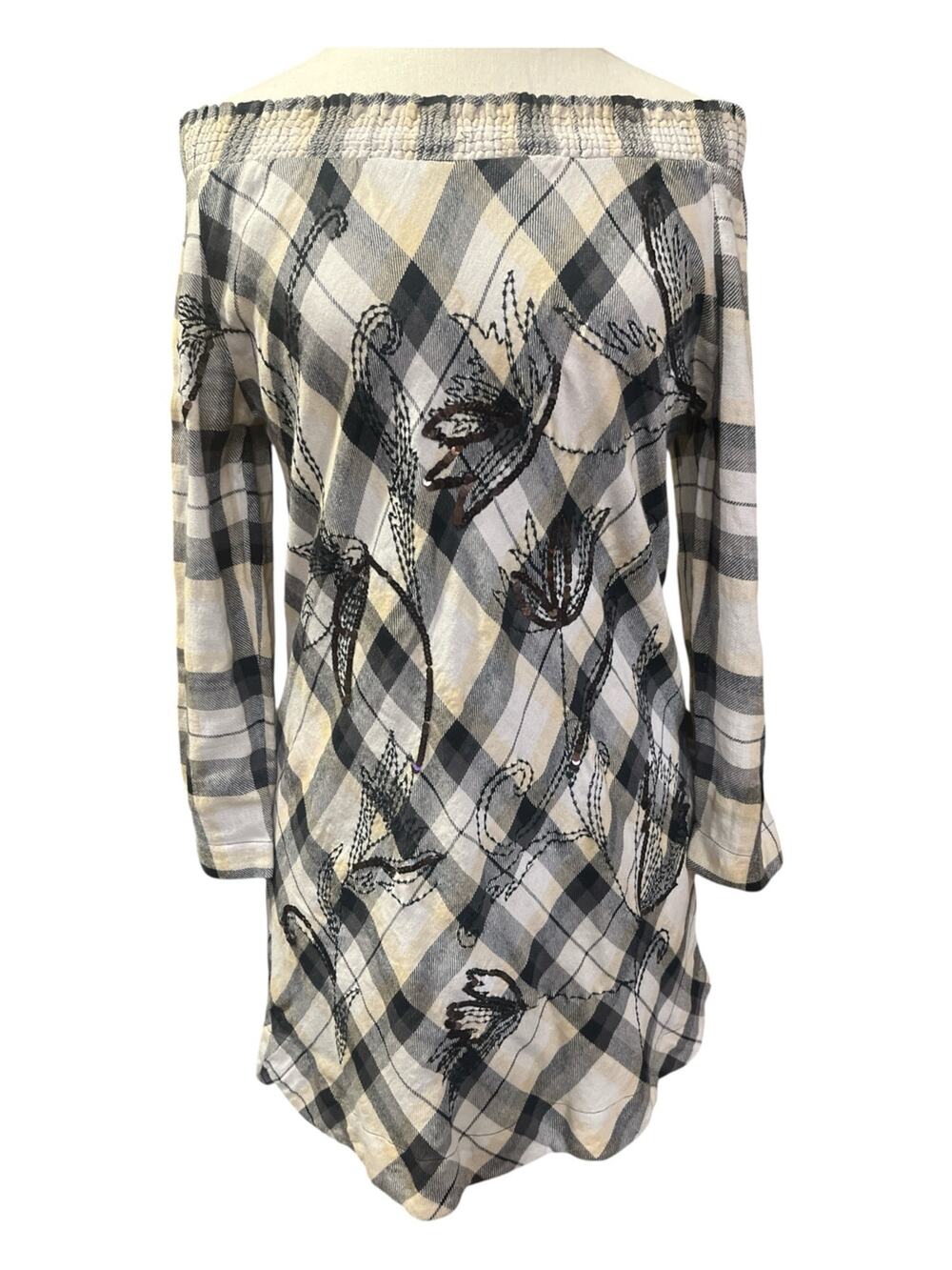 Soft Surroundings Plaid Tunic/Dress-Sz S-Off Shoulder/Emb floral-3/4 sleeve-1191